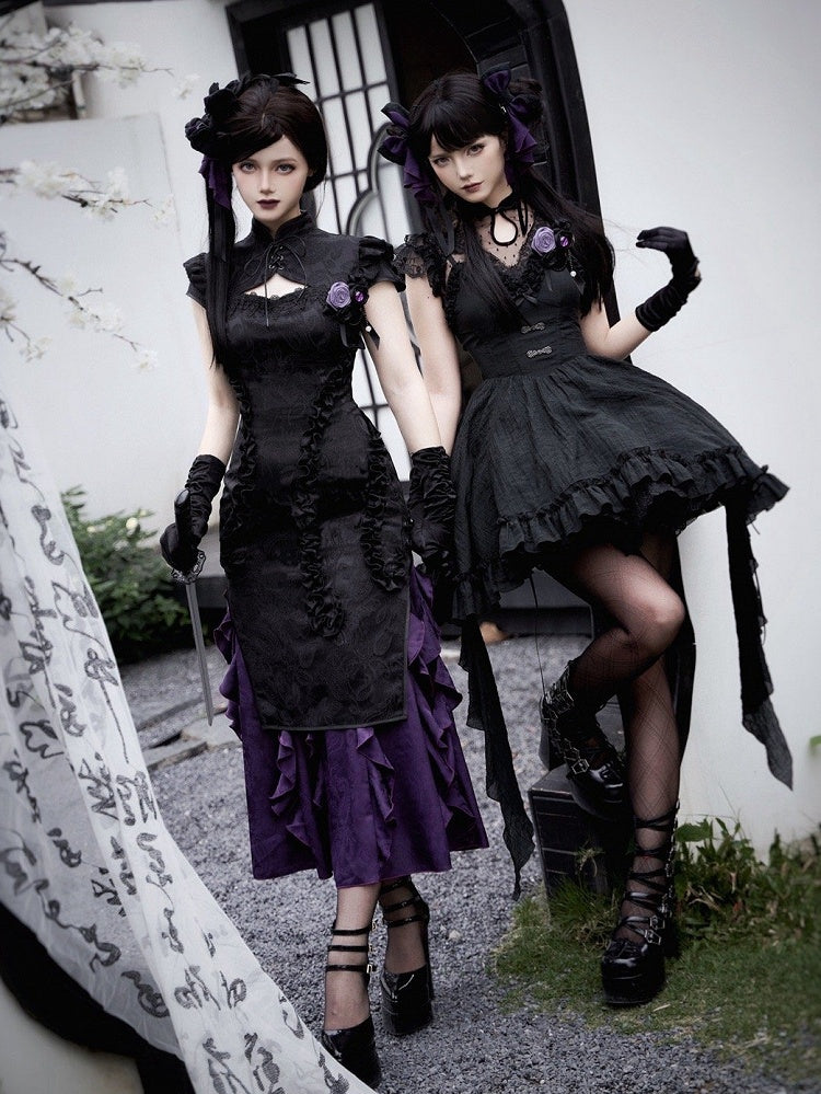Cascading Black Vibes Qipao Trim Jacquard Purple Lolita Dress Qi Hem Cthulhu Ruffle