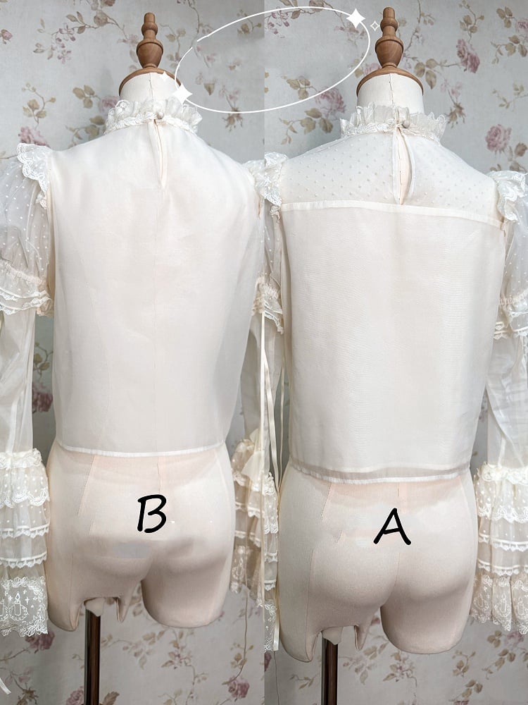 Tüll Weiß mit Ärmeln Creme Abnehmbare Bluse Gepunktet Puff