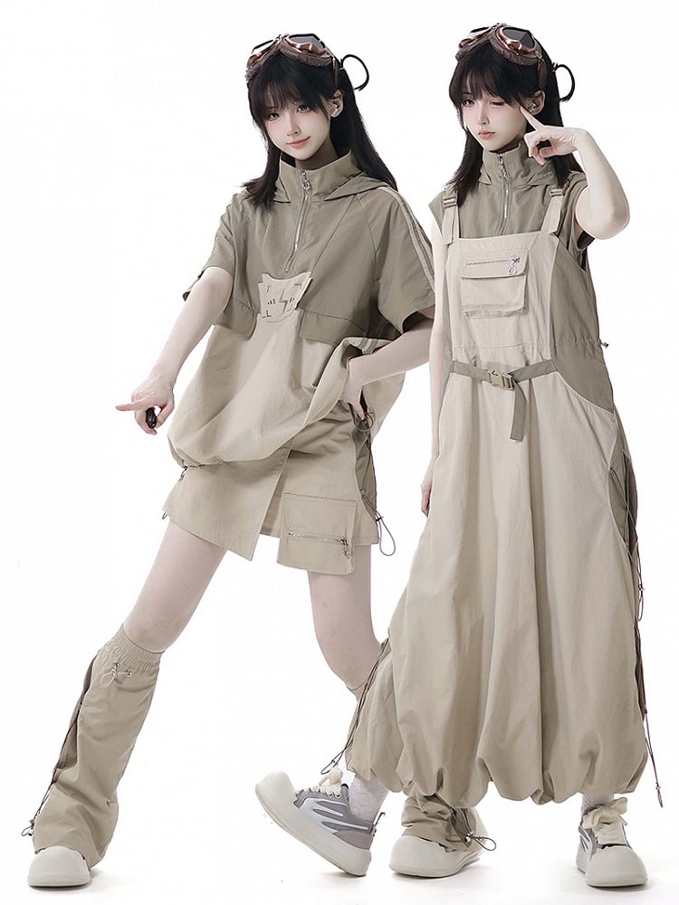 and Techwear Overall Bubble Skirt Details Khaki Snap Drawstring
