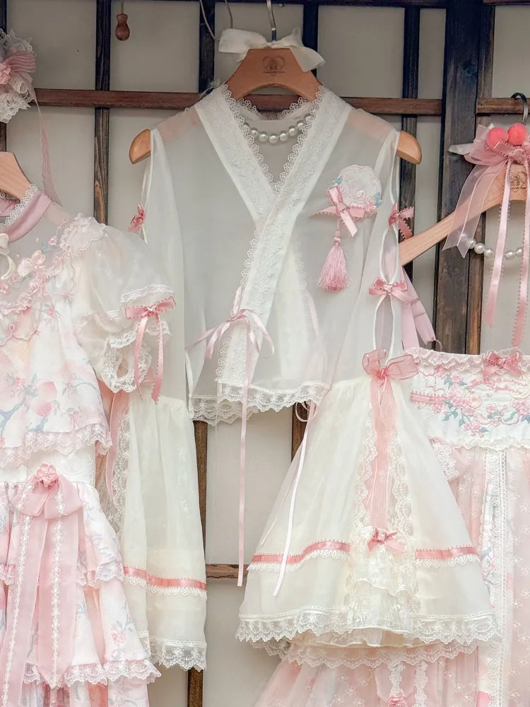 Creamy Bell Sleeves Han Lolita Blouse with Small Pink Bowknots