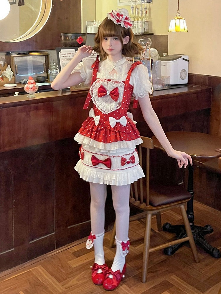 Polka Cami Sleeves Sweet Puff Bow + Accents Skirt Lolita Set Top Cropped Dots Red - Full