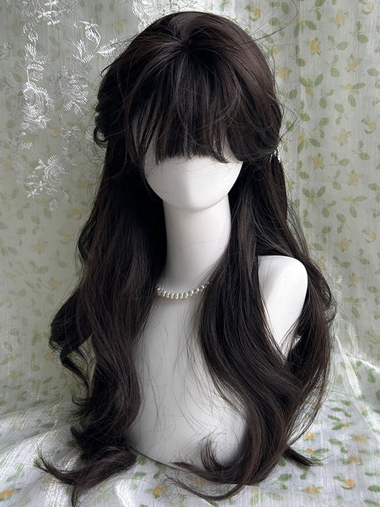 Black Tea Waist Length Wavy Synthetic Wig With Bangs