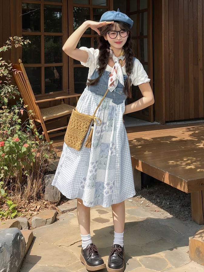 Mori Denim Overall Dress Blue Plaid and Floral Patchwork Design Kei