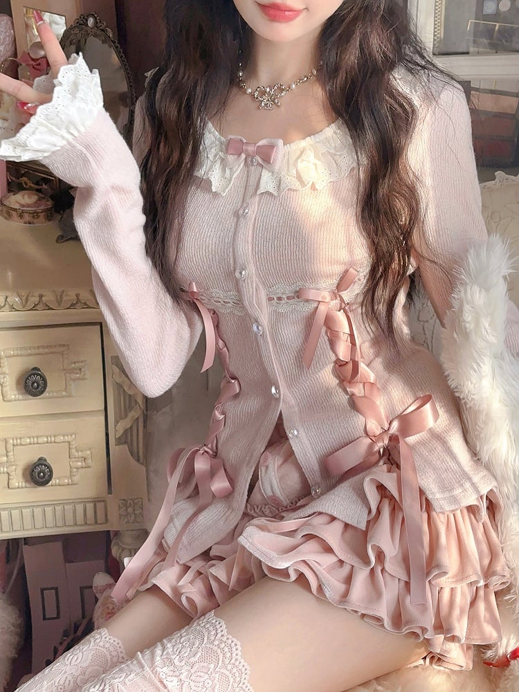 Pink Knitted Cardigan with Ruffled Lace Ribbon Bow Accents