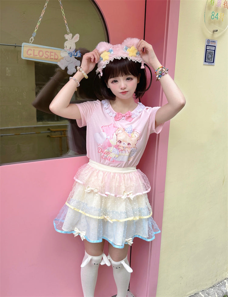 Ruffled Adorable Teddy Bear Print Bowknot Pink/Yellow Neckline Embellished T-Shirt
