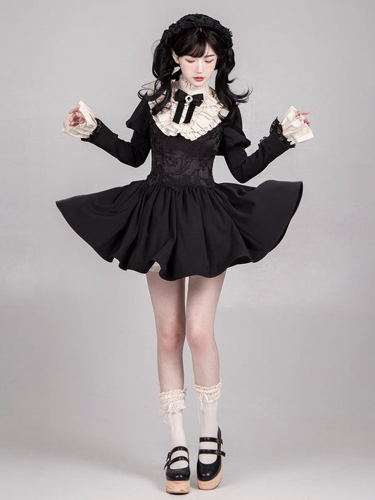 Schwarzes, kurzes Kleid mit entbeinter Taille und quadratischem Ausschnitt, elegantes Lolita-Komplettset