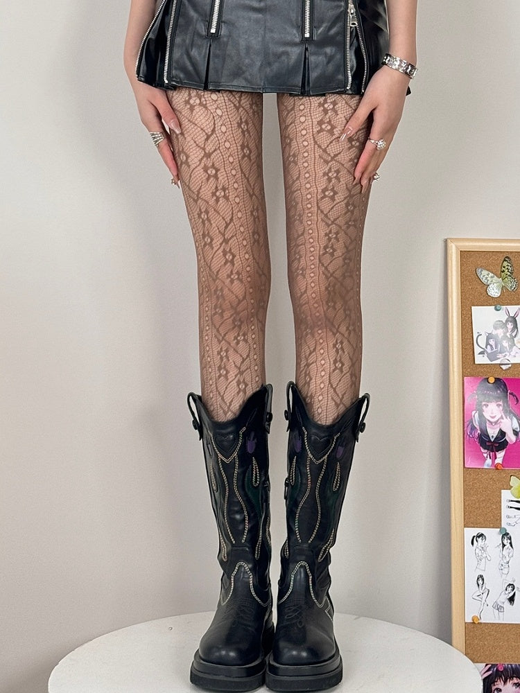 Design Tights Hollow-out Black/White/Gray/Brown/Blue Floral Pattern