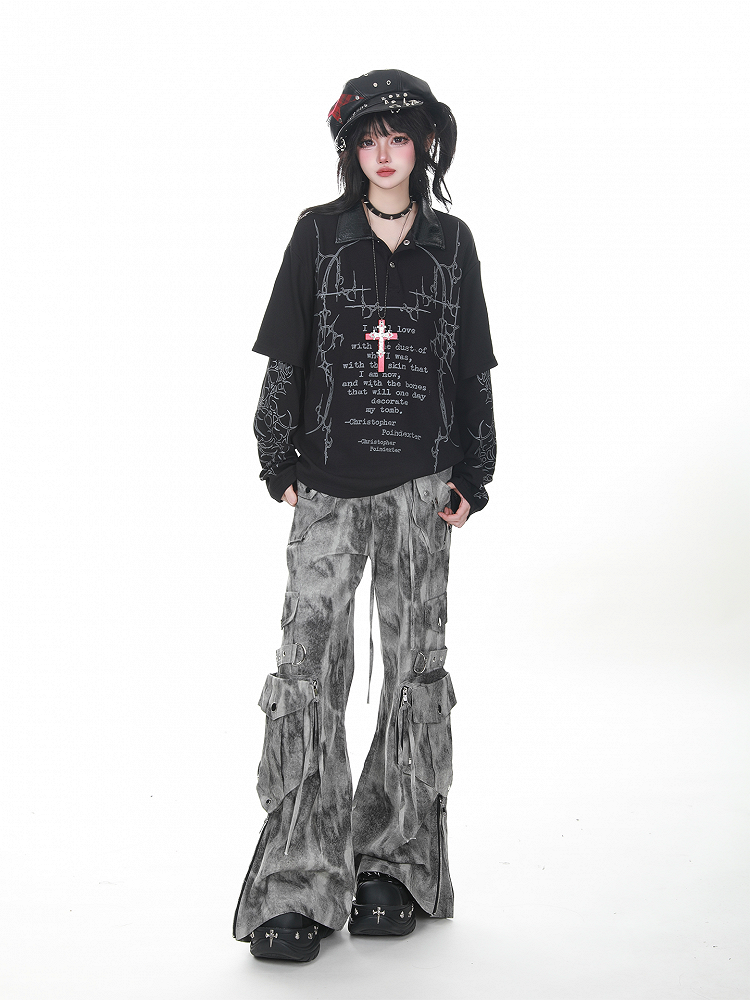 Gray/Green Faded Vintage Dark Wash Wide-Leg Cargo Jeans with Zippered Cuffs
