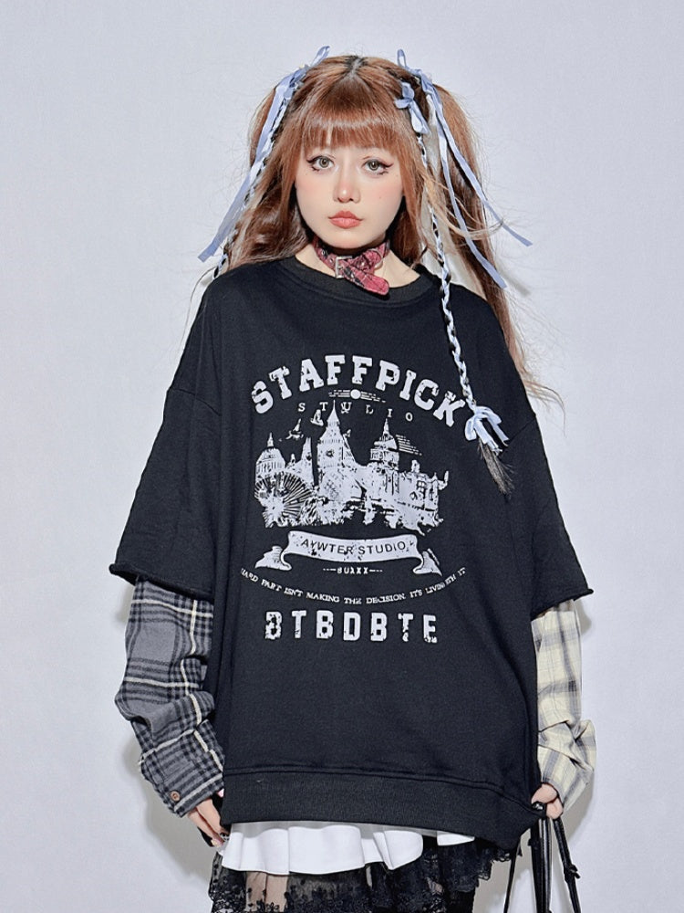 Black Plaid Round Neck Letter Fake Two-piece Sweatshirt