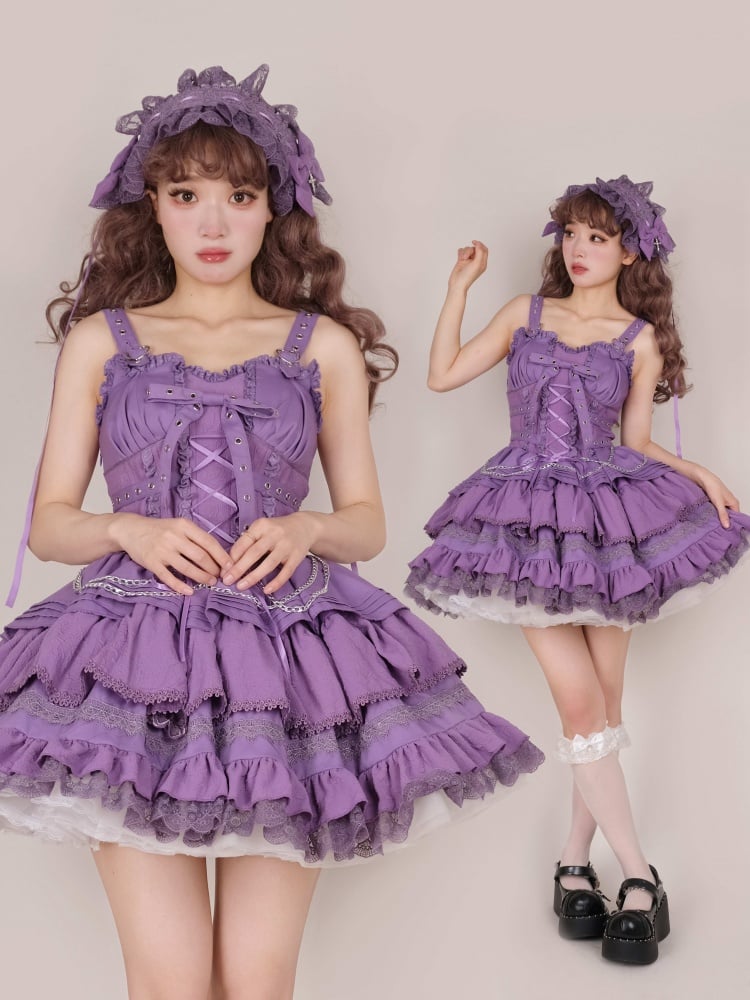 Lila Punk Goth Kurzer Pulloverrock Verstellbare Criss-Cross-Träger Taille