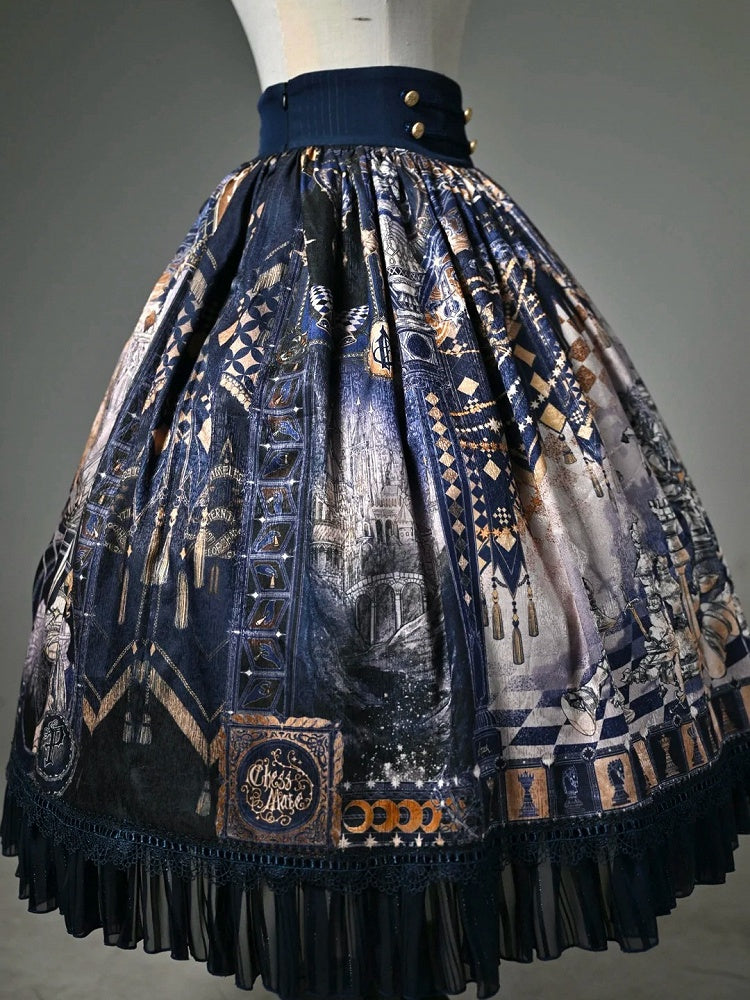 Chess Theme Blue Belt Waist Skirt Corset Print Dark Lolita