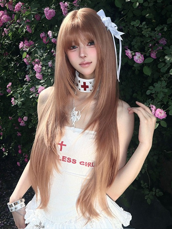 With 86CM Straight Bangs Length Wig Champagne Air