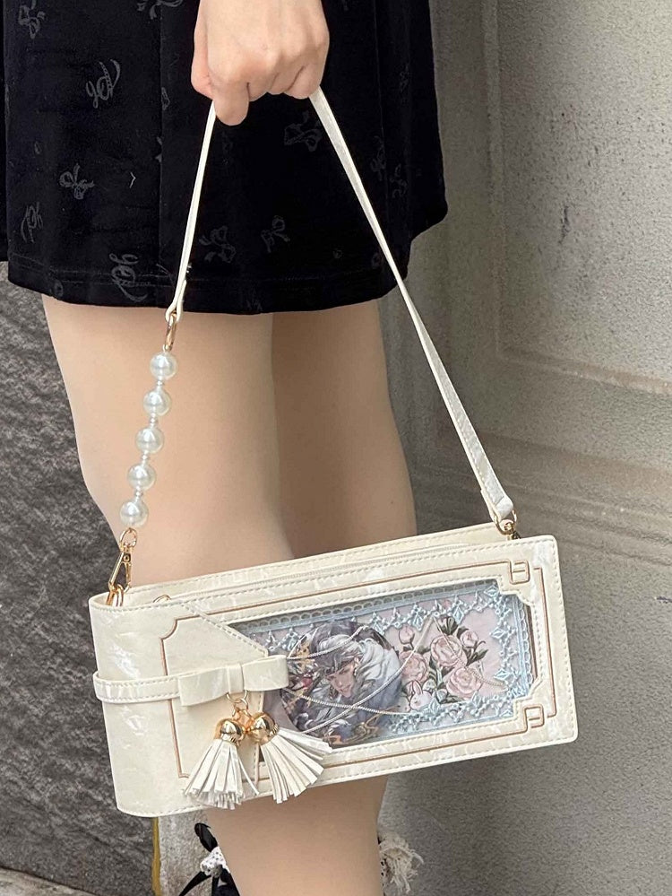 Pattern Floral Style Bag Bow Ita Cheongsam With Accent PU Fringe White
