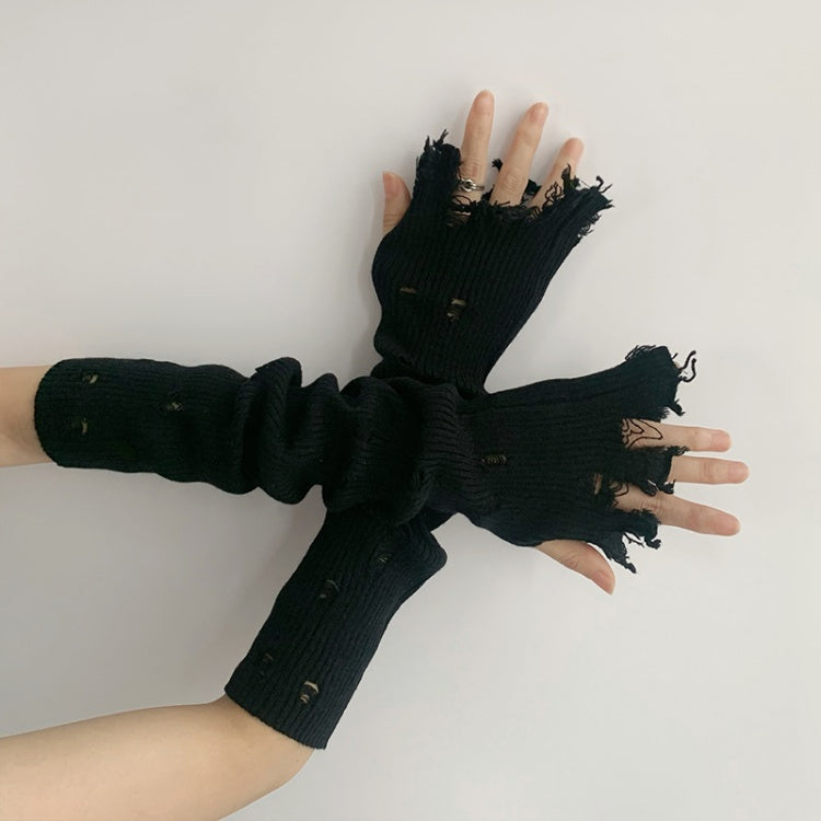 ダメージ加工の穴あき指なしニットロンググローブ