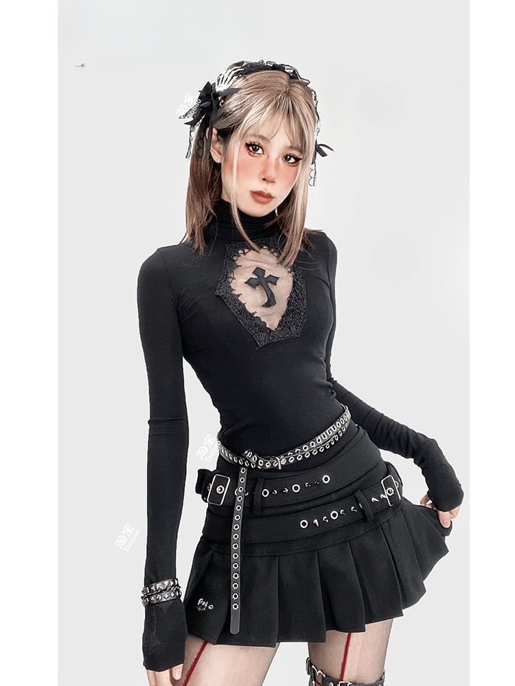 Top Black Glamorous Gothic Neck Detail Cutout Cross High Y2K
