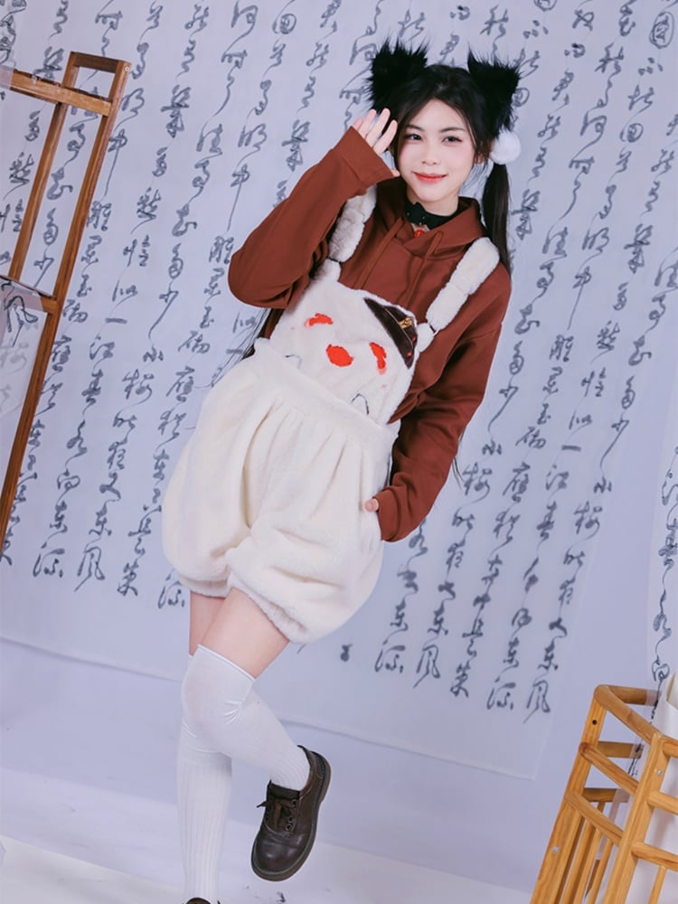 フータオ風ハロウィンベージュプラッシュオーバーオールショーツ