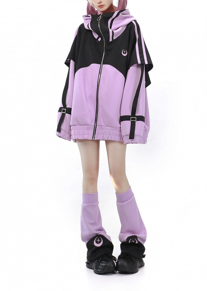 Purple Front Up and Long Sweatershirt Sleeves Jirai Zip Jacket Black Kei