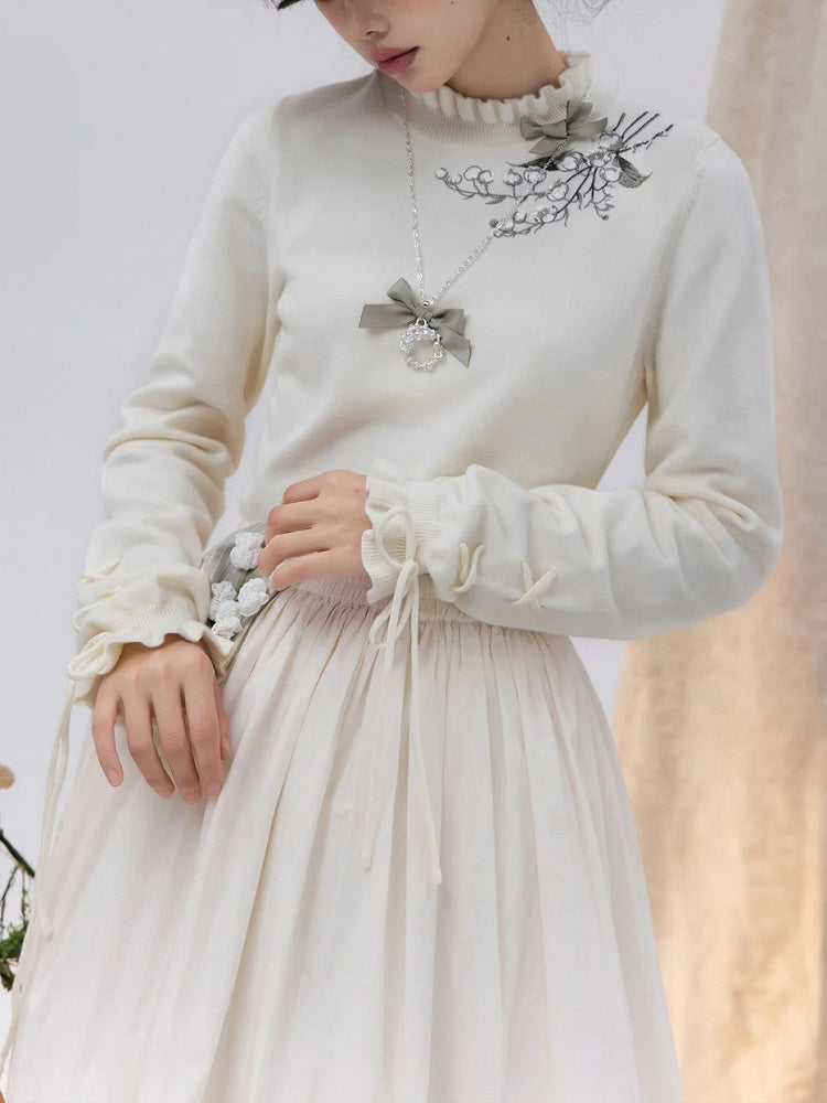 Autumn Cuffs Top Lily the of Knit Beige Lace-up Embroidery Valley