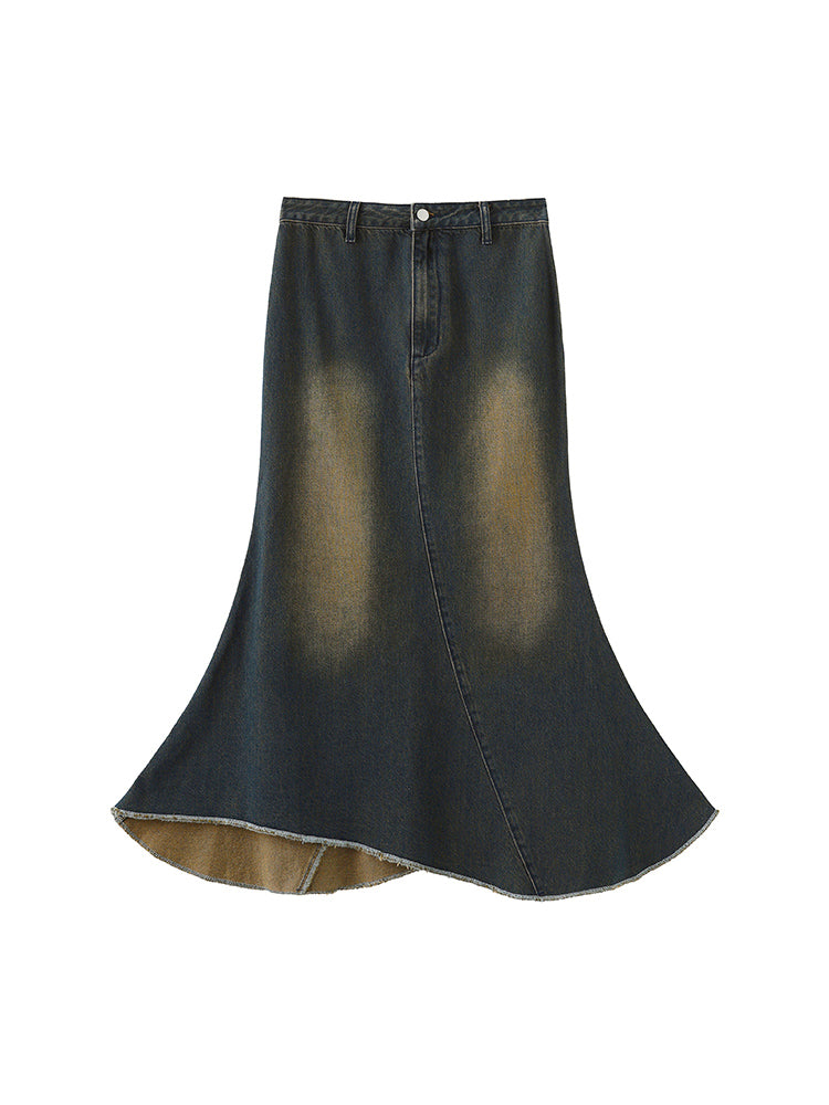 Blue Irregular Skirt Washed with Mermaid Hem Denim Vintage