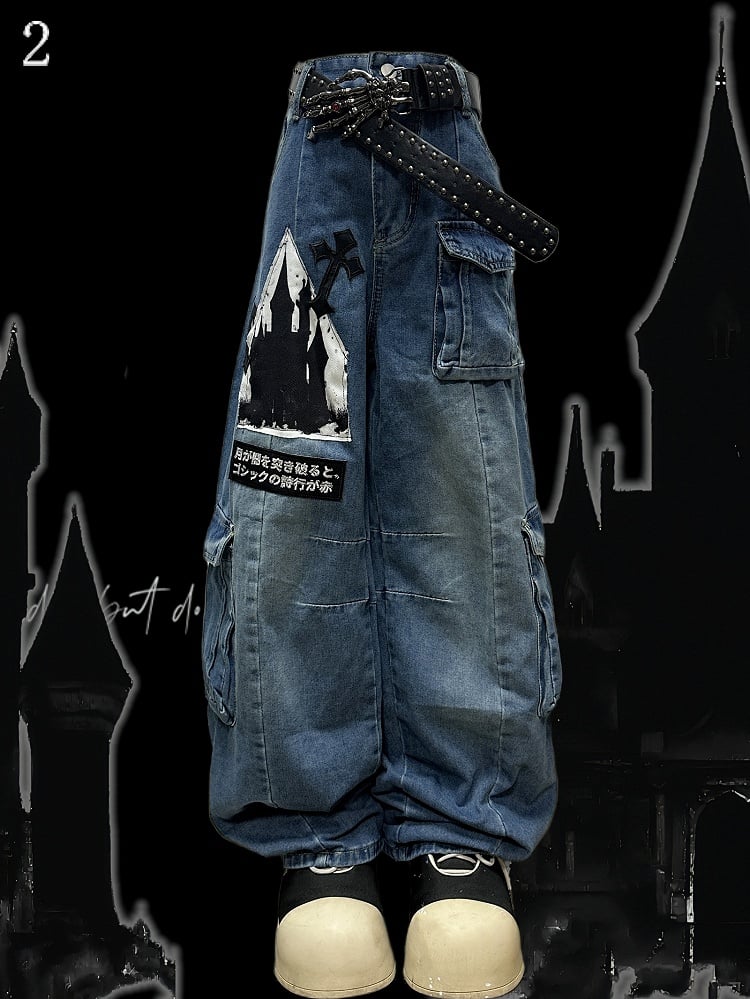 Decorated Cut Jeans Cargo Y2K Letter Pockets Blue Wide-leg Applique