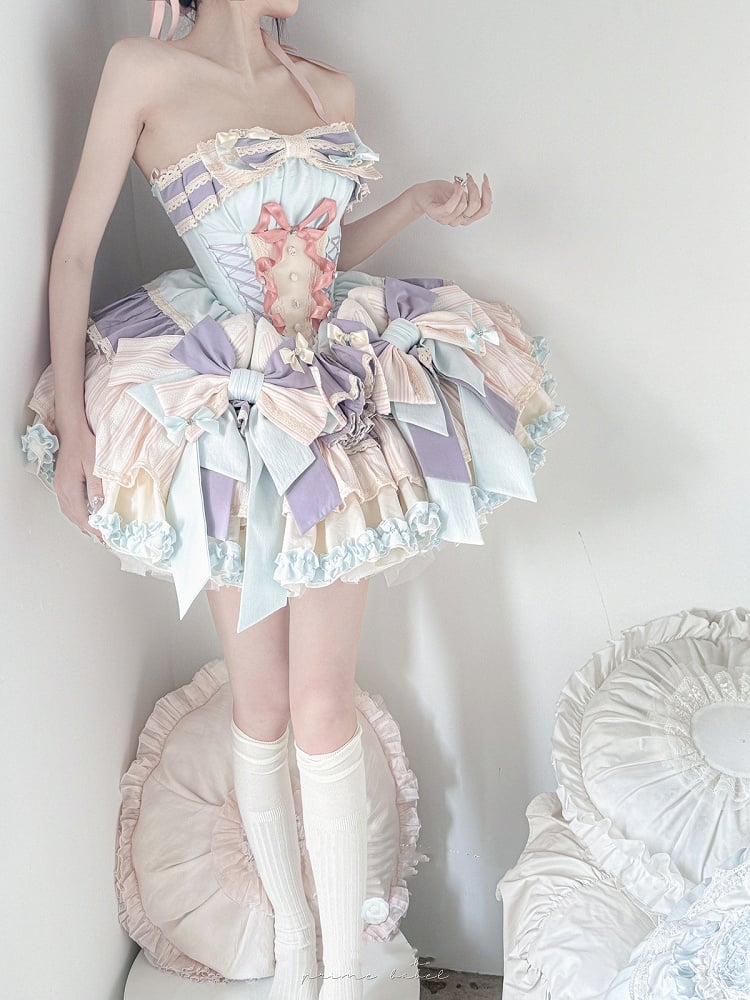 Purple Bowknots Skirt Big Lace-up Basque Waist Tiered Ruffle Sweet Lolita Dress and with Blue on