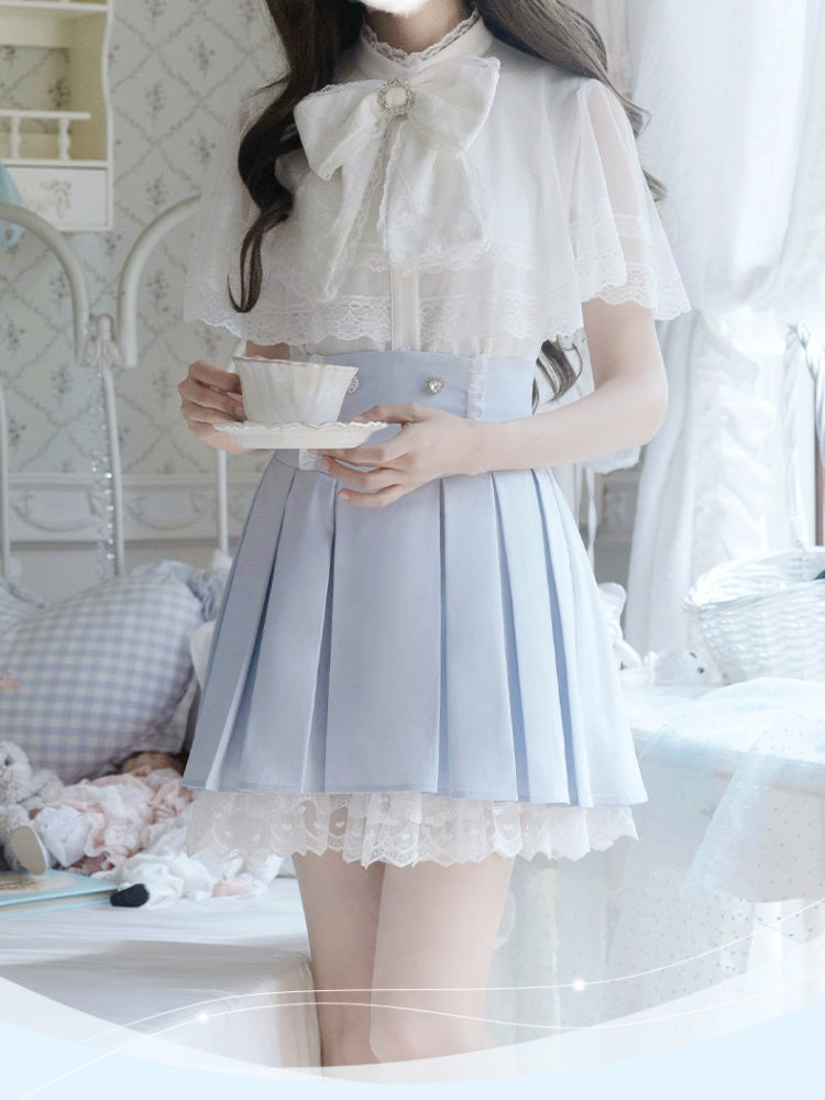 Jirai Kei Set Box Pleat Skirt+ Cape Top+ Blue Trim Bow Tie White Lace
