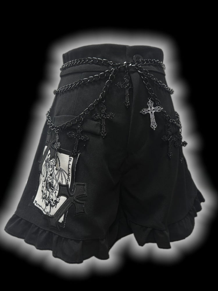 Gothic Black CrossPatches High Waist Ruffle Trim Shorts with Free Waist Chain