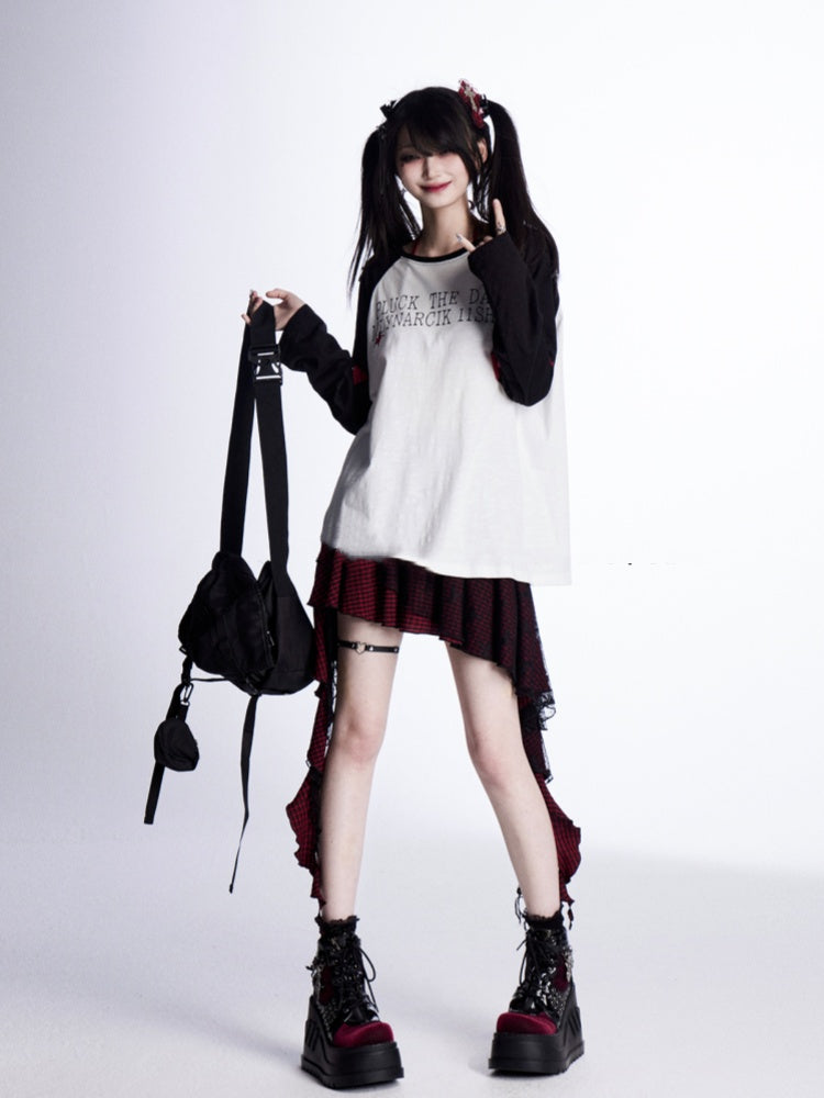 Loose Top Sleeves Black and White Colorblock Design Star Appliques