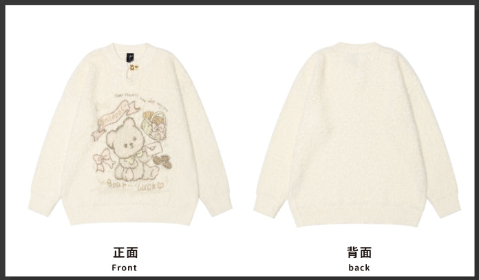 Aprikosenfarbener, süßer Mohair-Pullover mit Bärenmuster und Ausschnittdetails vorne