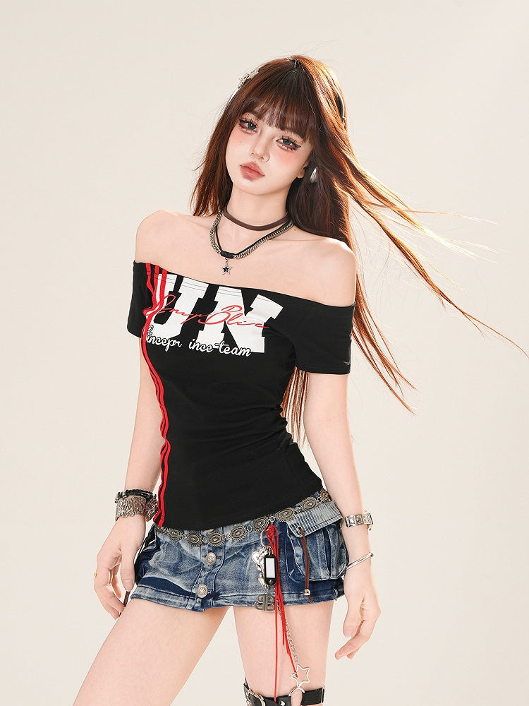Weiß/Schwarz T-shirt Ausschnitt Brief Druck Off-the-shoulder