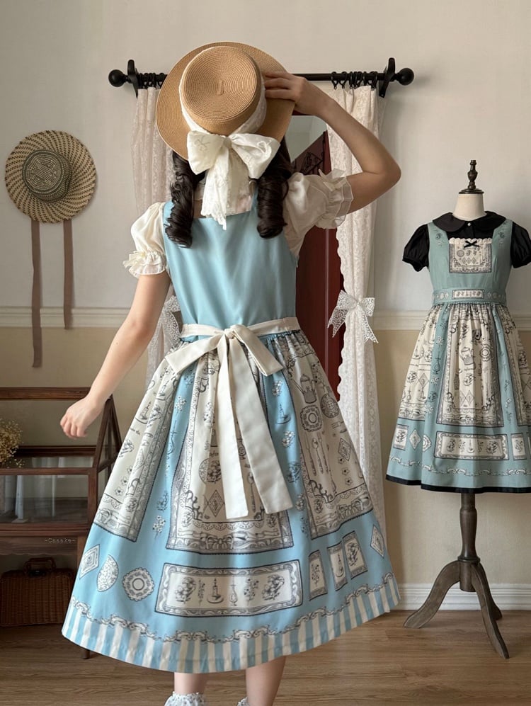 Dress Lolita Blue Print Square Neckline Elegant Classic with