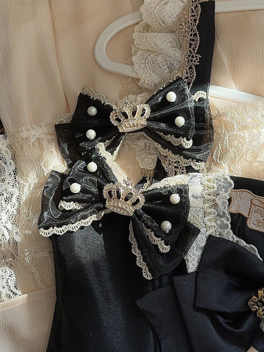 Beaded Bowknot Rhinestone Crown Red Black/Wine Decorated And Hairclip