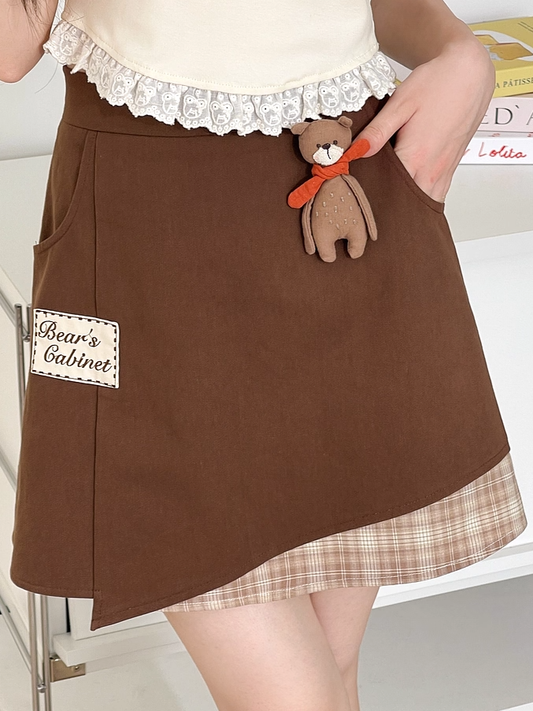Bear Brown Plushie Hem with Skirt Letter Embroidery Applique Plaid