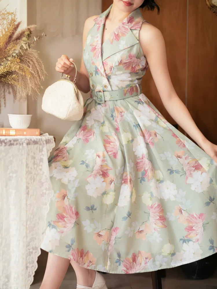Fashion Floral Dress Blazer Retro Print Collar Green Summer 1950s