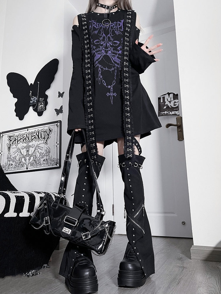 Shoulder Print BlackPurple And Cutout Top Emo Skeleton Punk Letter Long Sleeves