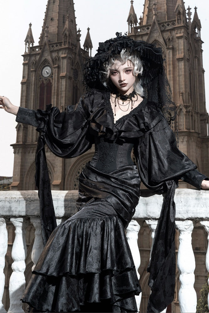 Flounce Gothic Skirt Hem Corset Waist Mermaid Cascading Black Boned Asymmetrical Lolita High