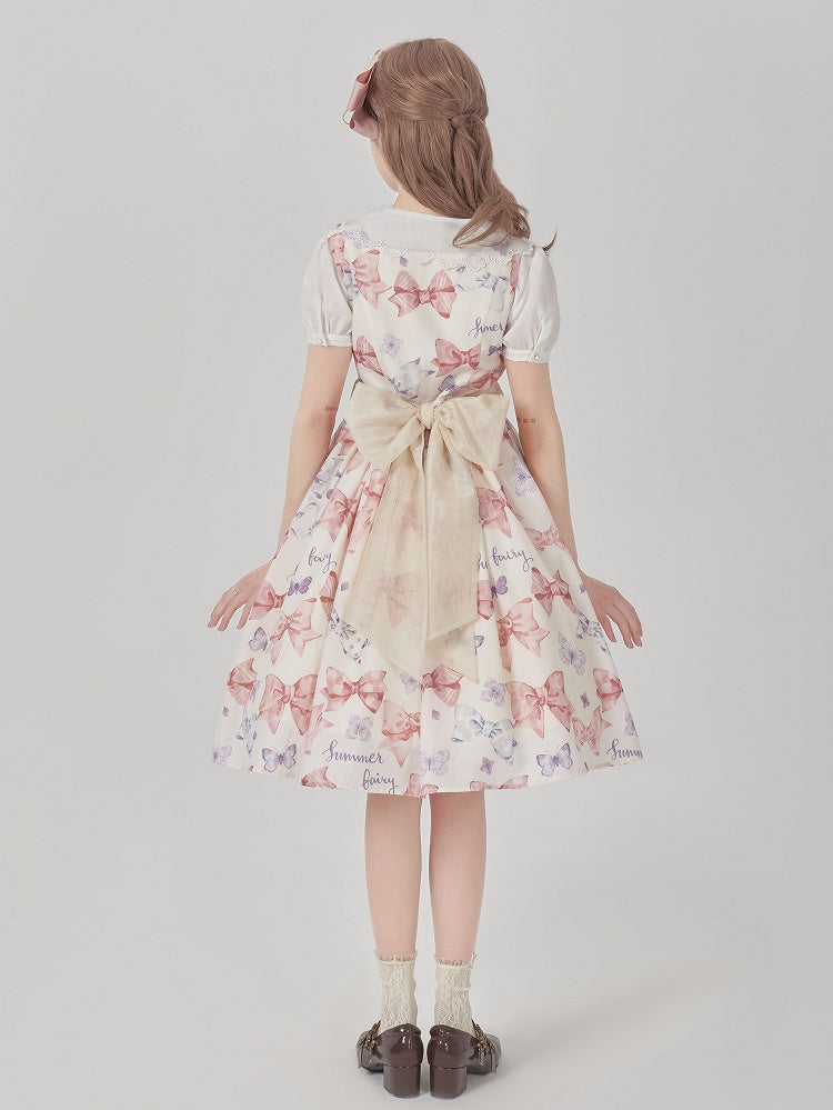 Süßes rosa Lolita-Kleid mit Schleifenmuster und hoher Taille