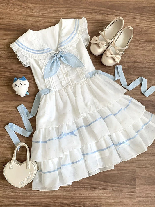 Tiered White and Blue Polka-dot Pattern Dress Sailor Collar Navycore Skirt