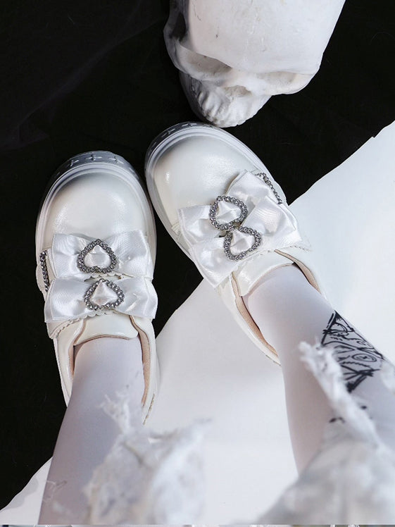 Details PU Kei White Rhinestone Shoes Version Platform Bow Heart Decor Slip-in Fit Jirai Design Regular/Thicken in