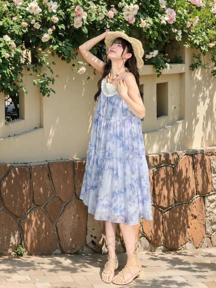 Halter Neck Tie Patches Blue Chiffon Dress Slip Beaded Loose Dye Lace Chain
