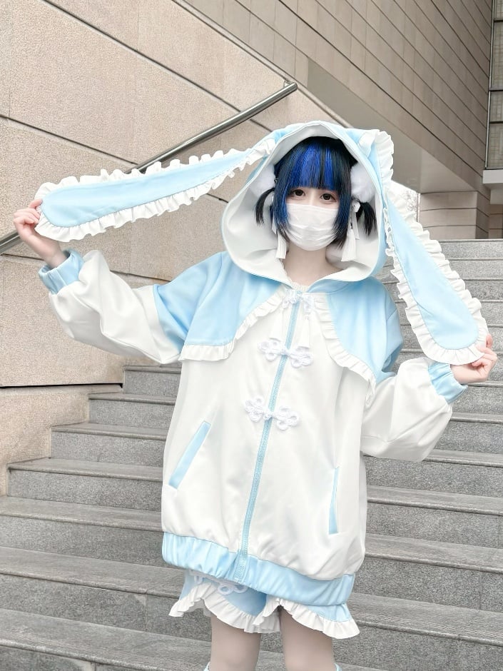 Tenshi Kaiwai Jirai Kei Blue Bunny Ear Hood Kapuzenpullover mit Reißverschluss