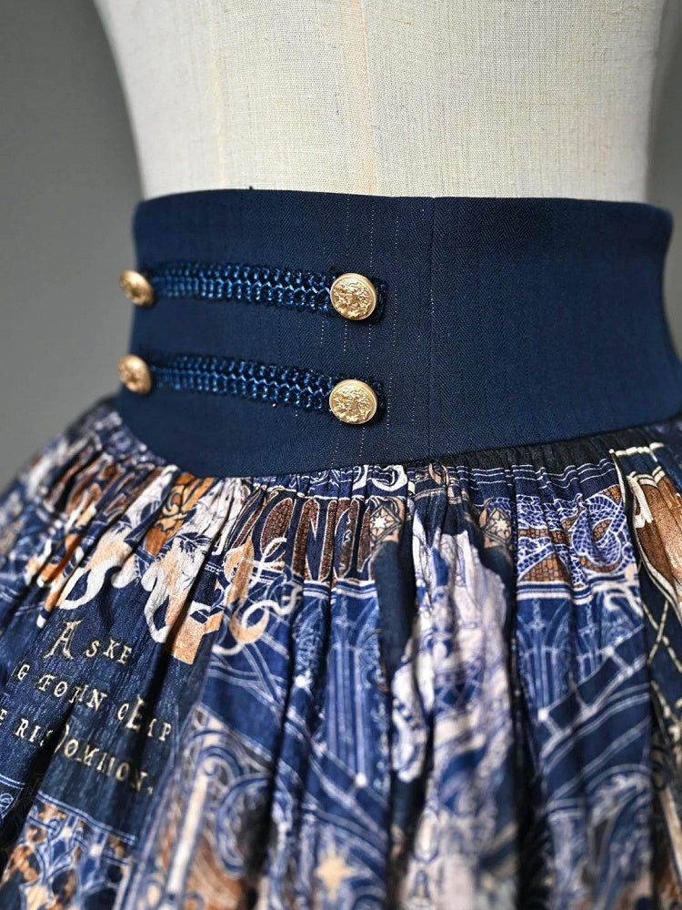 Chess Theme Blue Belt Waist Skirt Corset Print Dark Lolita