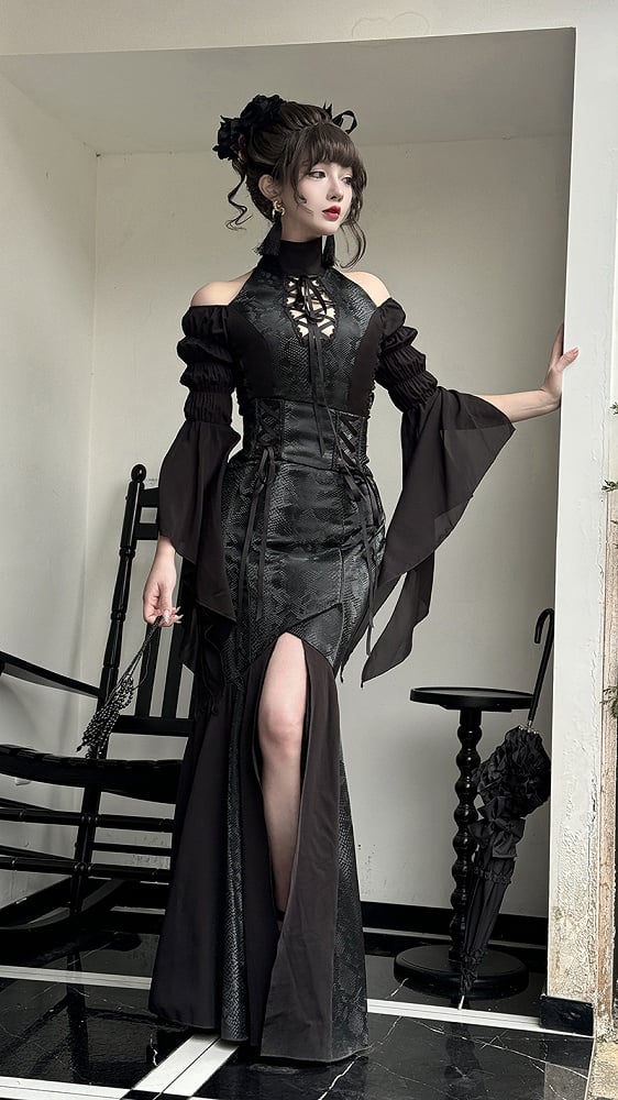 Black Open Shoulders Gothic Lolita Snakeskin Grain Top