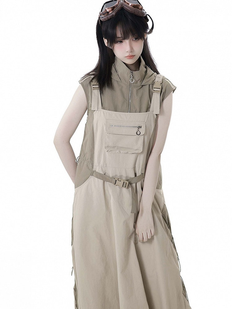 and Techwear Overall Bubble Skirt Details Khaki Snap Drawstring