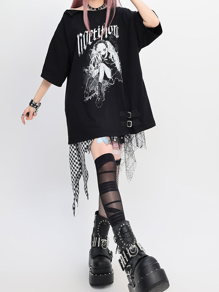 Y2K Black Snap Details Neckline Anime Print Girl Loose T-shirt