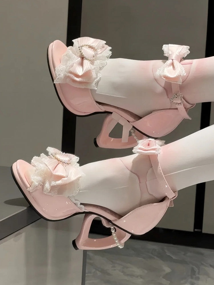 with Beaded Lolita Pink Shoes High-heel Hime Embellishments