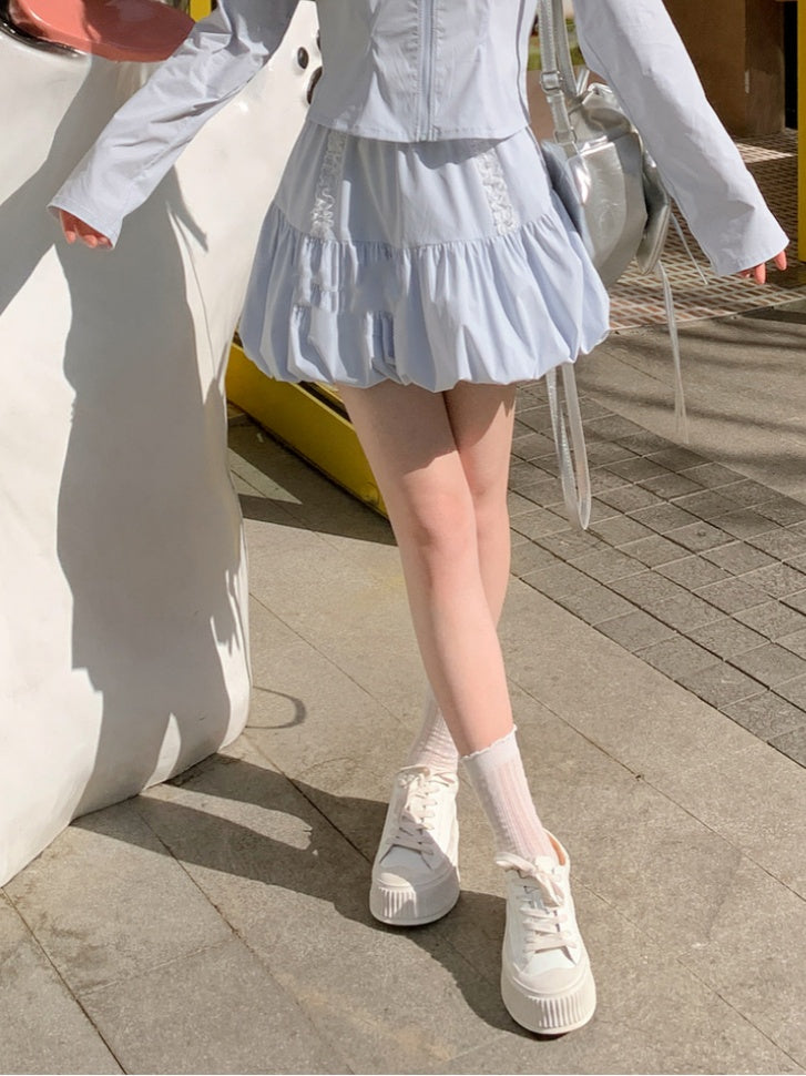 Light Blue Elastic Waist Sweet Bubble Skirt