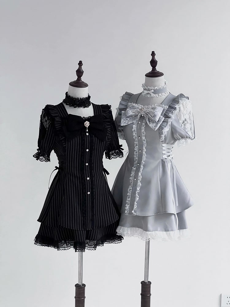 Dress Skirt Lace-up Side with Mini Light Kei Style Jirai Shoulder Matching Cutout and Gray Detail Set: