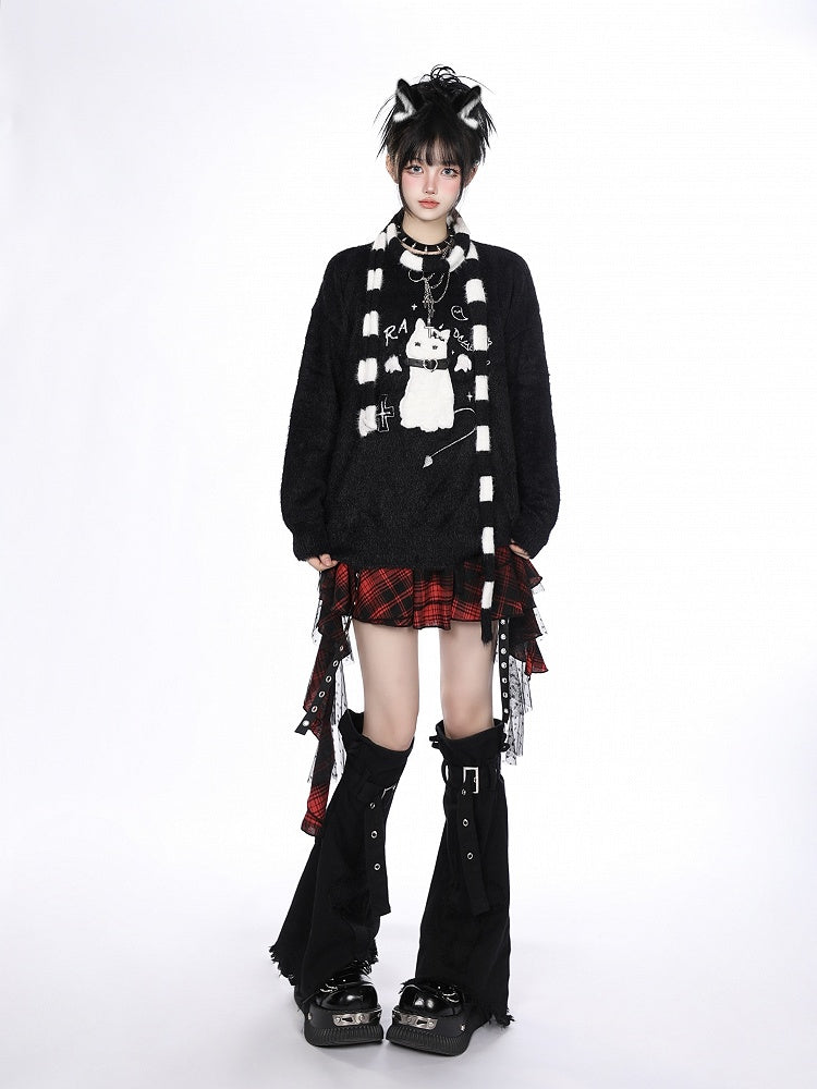Detail Cat Belt Sweater Collar Knit Flocked Embroidery - Kawaii White/Black