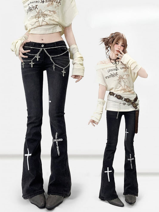 Flare Black Wings Print Y2K Jeans And Silhouette Cross